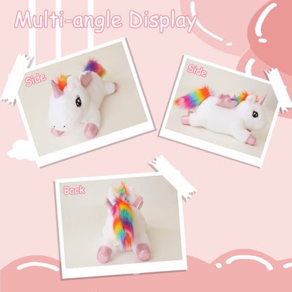 SQEQE weighted unicorn stuffed animal shown from front side and back angles