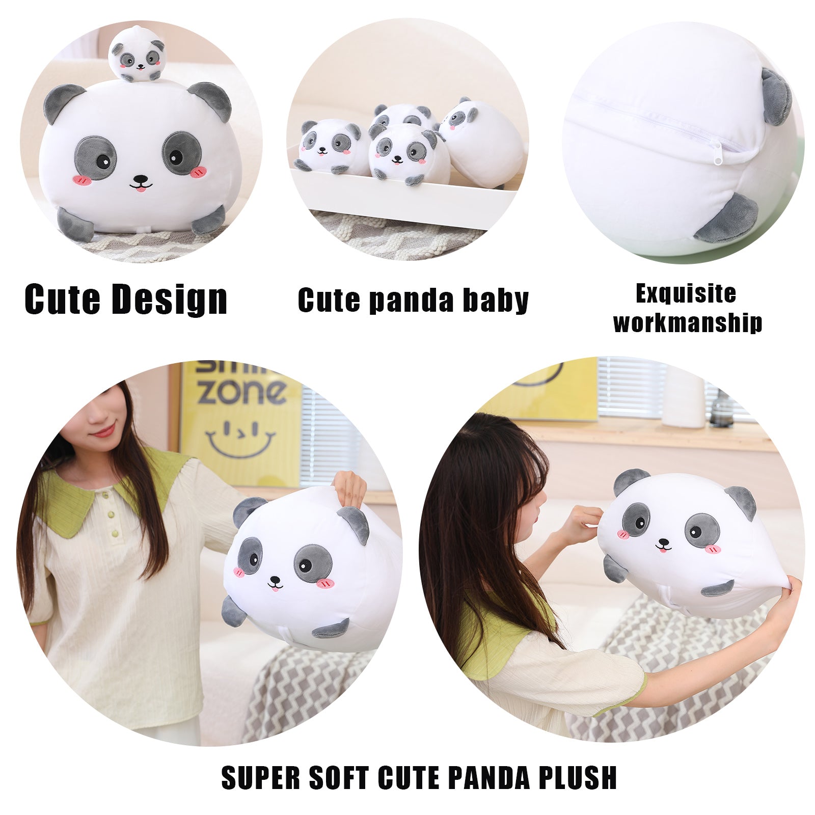 SQEQE panda stuffed animal with babies shown in a product feature guide with the removable babies