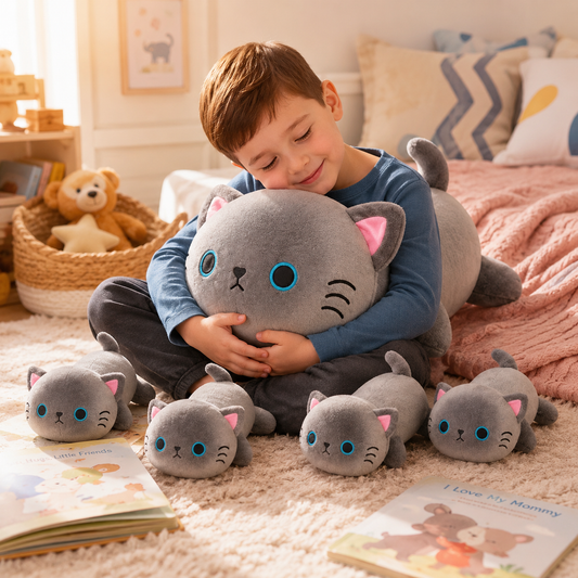 SQEQE Siamese cat stuffed animal with babies shown in a second branded cat plush family display
