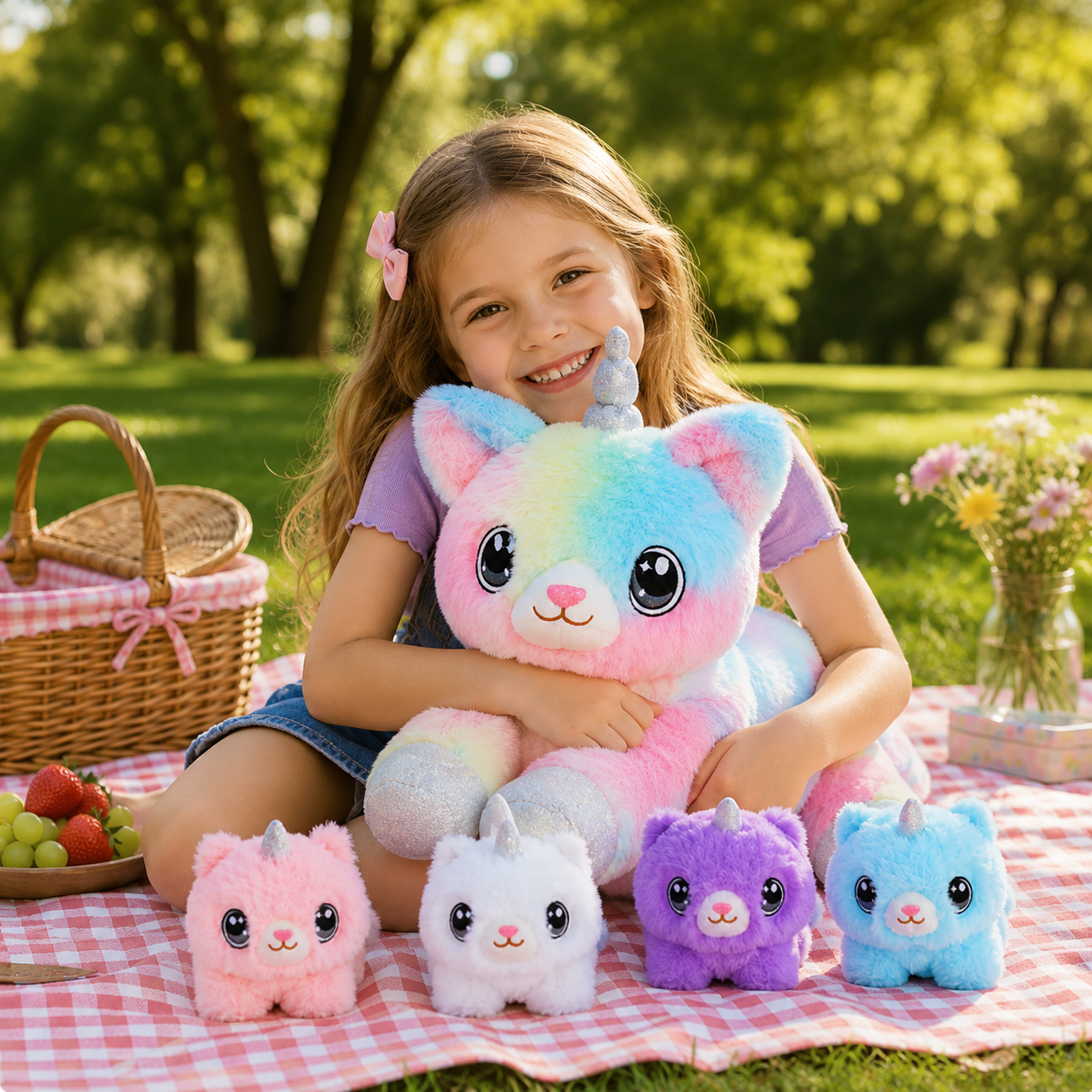 SQEQE caticorn stuffed animal with babies hugged by a child during an outdoor picnic