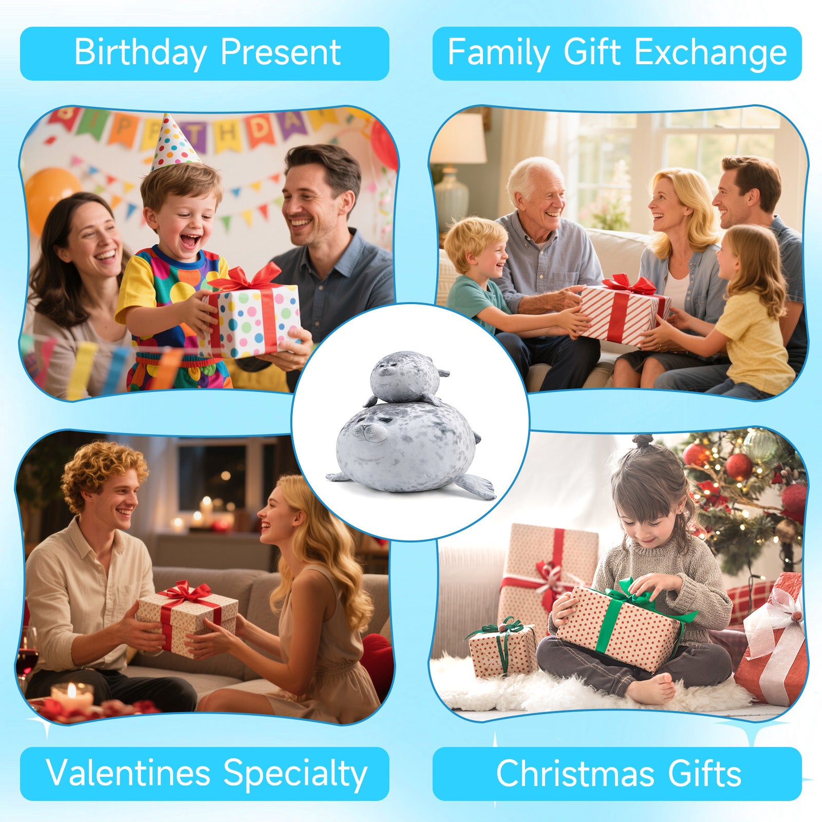 SQEQE weighted seal stuffed animal shown in a weighted plush lifestyle benefits graphic
