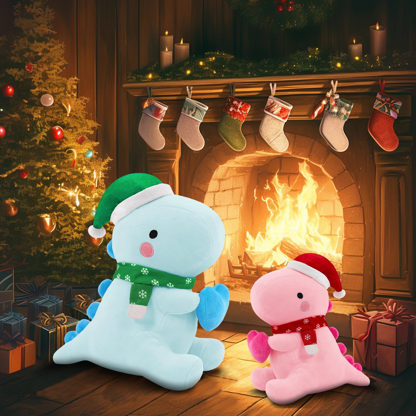SQEQE Christmas dinosaur plush toy displayed with another dinosaur plush beside a fireplace