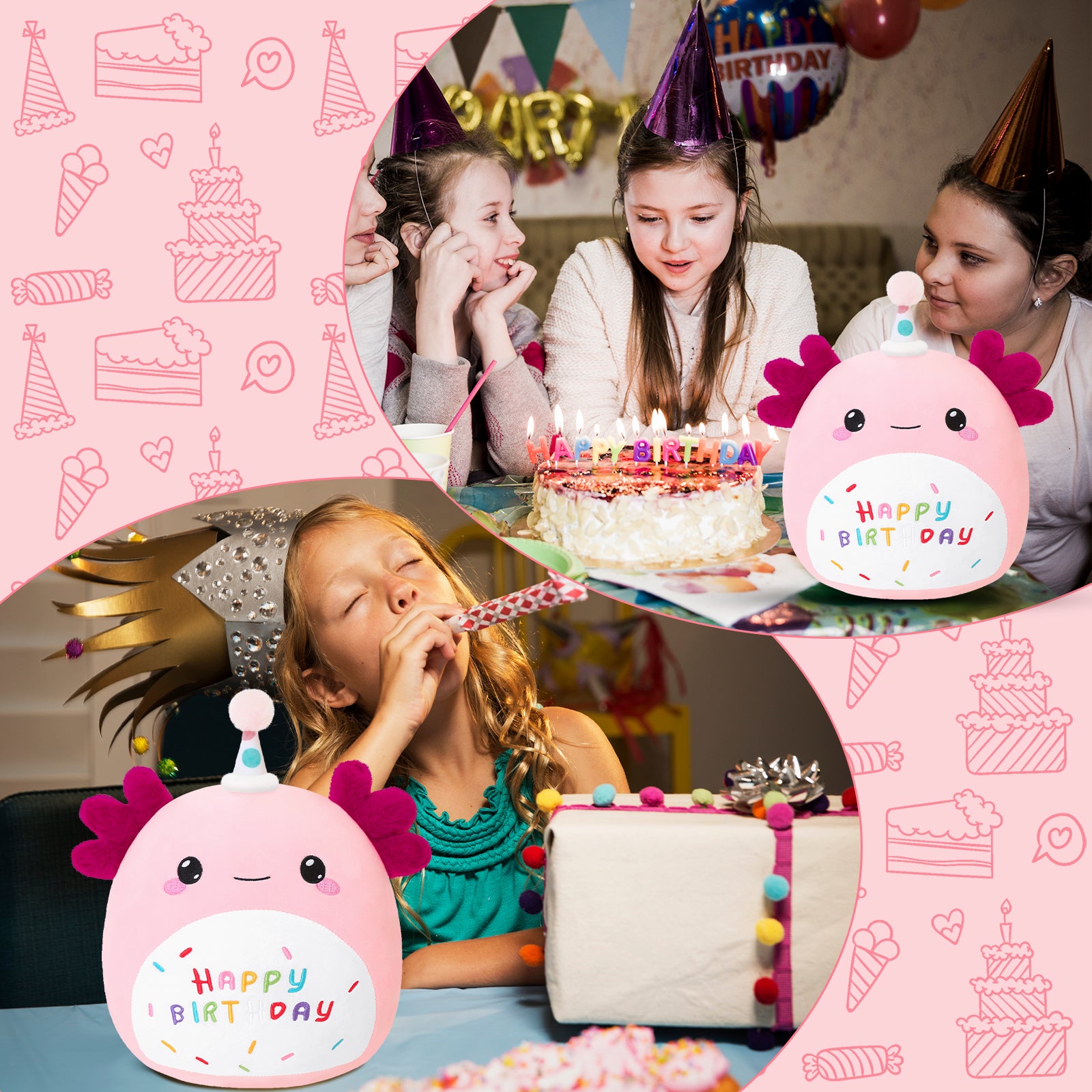 SQEQE birthday axolotl plush toy featured across birthday party lifestyle scenes