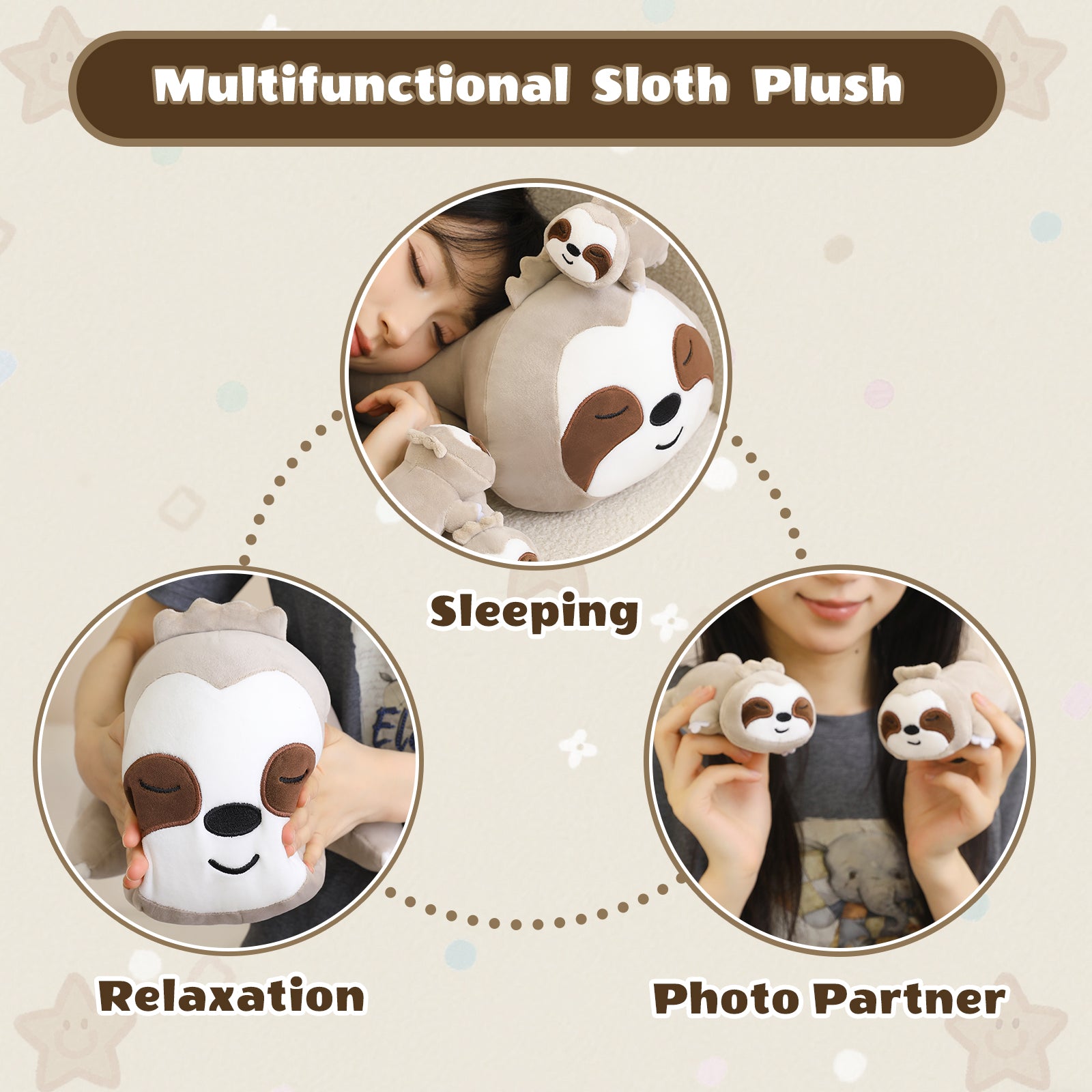 SQEQE sloth stuffed animal with babies featured across sleep relaxation and travel scenes