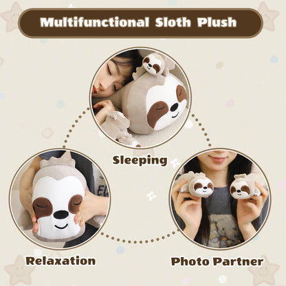 SQEQE sloth stuffed animal with babies featured across sleep relaxation and travel scenes