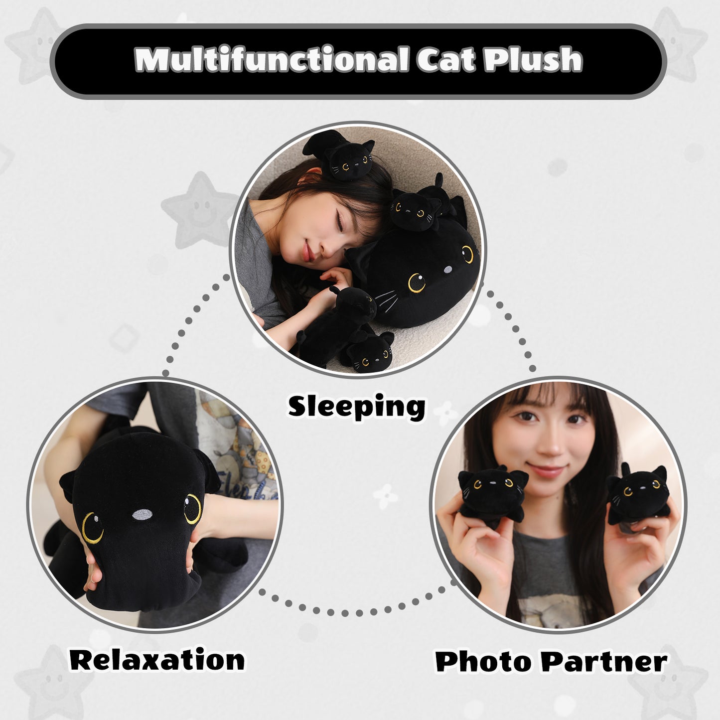 SQEQE cat stuffed animal with babies featured across sleep relaxation and travel scenes