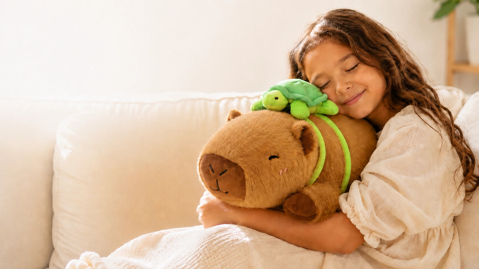 Child resting their head on a brown capybara stuffed animal while relaxing on a sofa