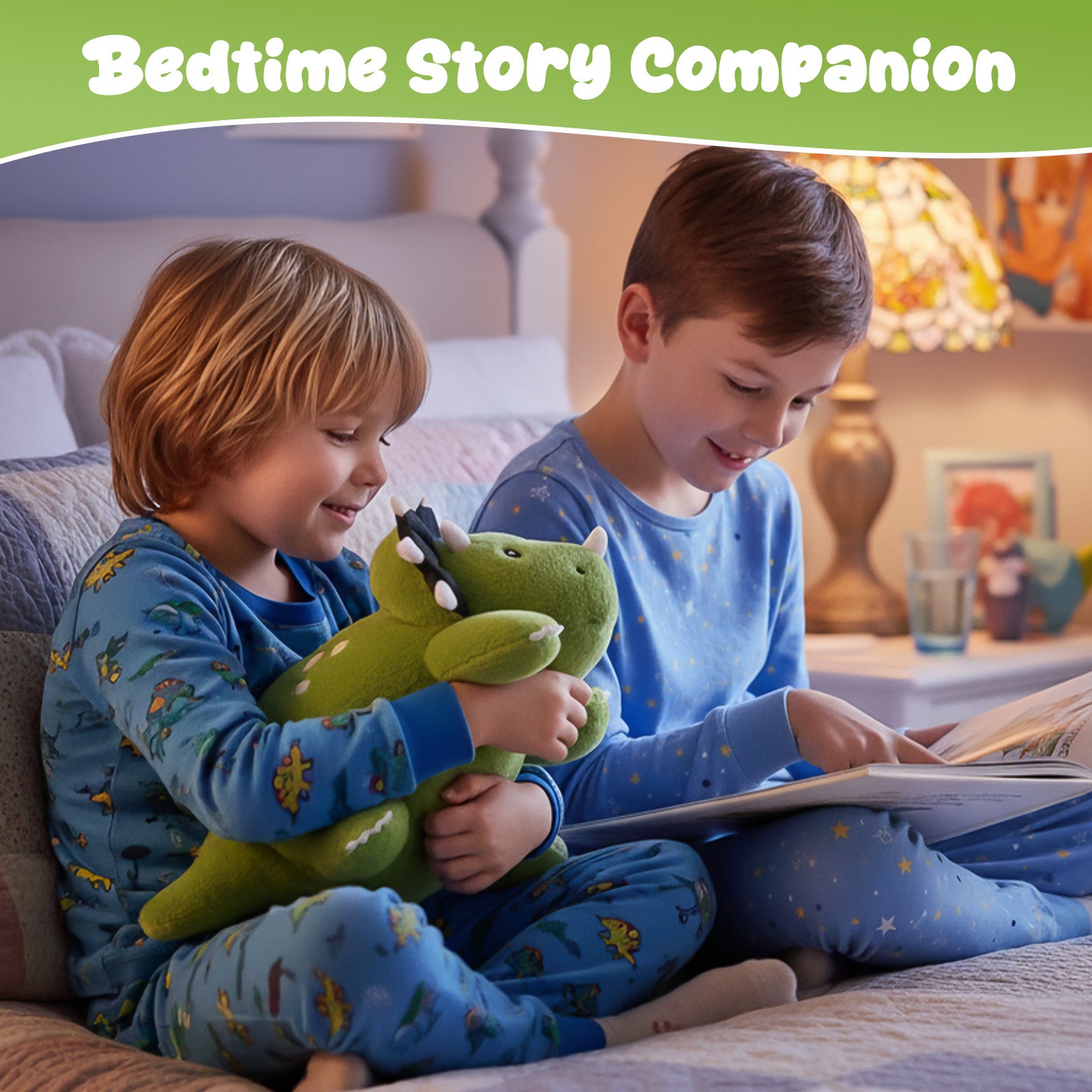 SQEQE weighted triceratops stuffed animal shared during a bedtime story