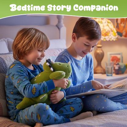 SQEQE weighted triceratops stuffed animal shared during a bedtime story