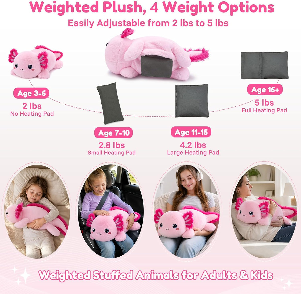 SQEQE Axolotl weighted stuffed animal - four adjustable weight settings and removable insert