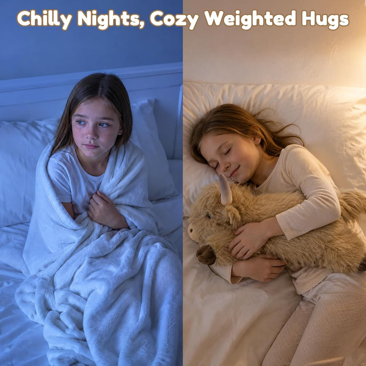 SQEQE Highland Cow weighted stuffed animal - nighttime cuddling scene