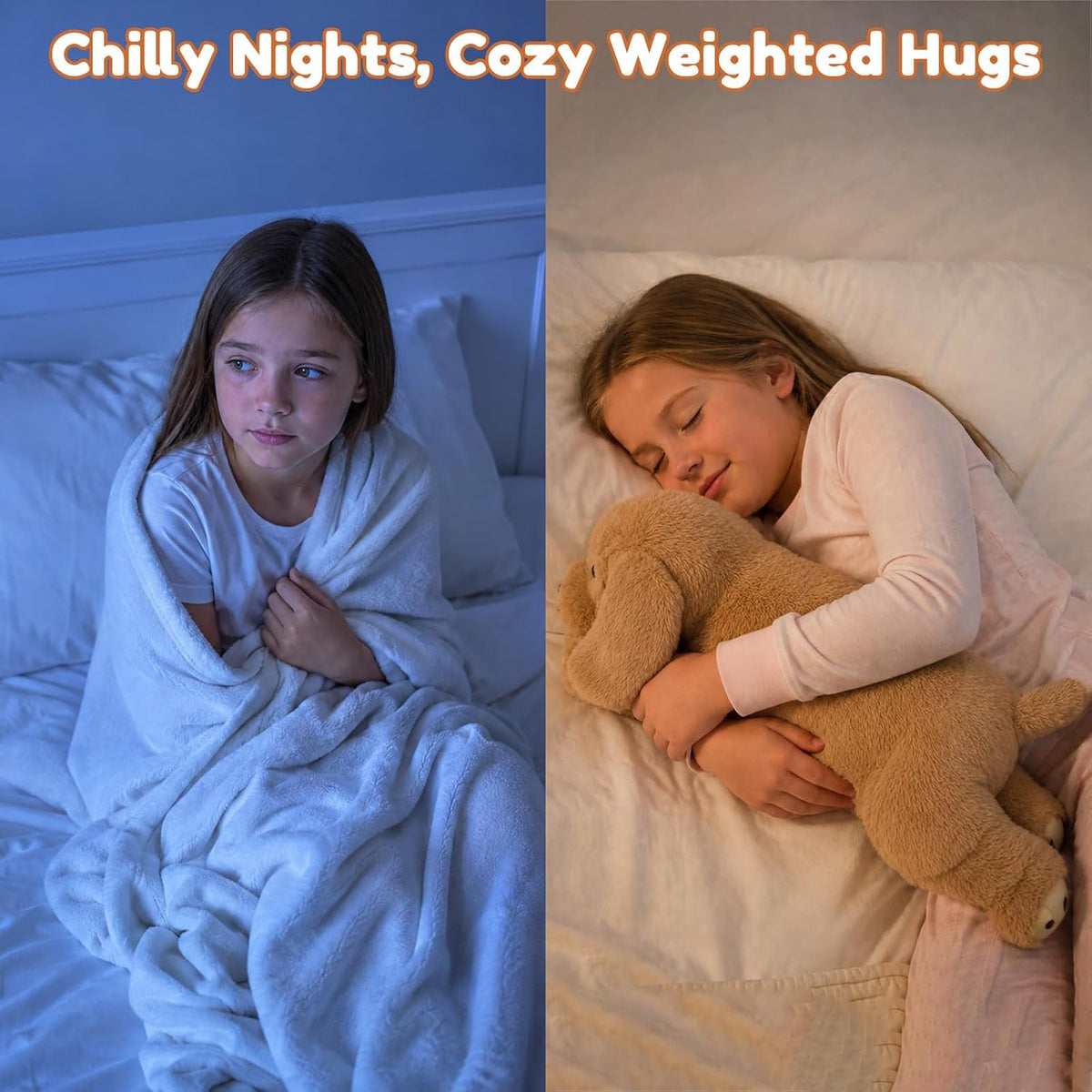 SQEQE Labrador weighted stuffed animal - nighttime cuddling scene