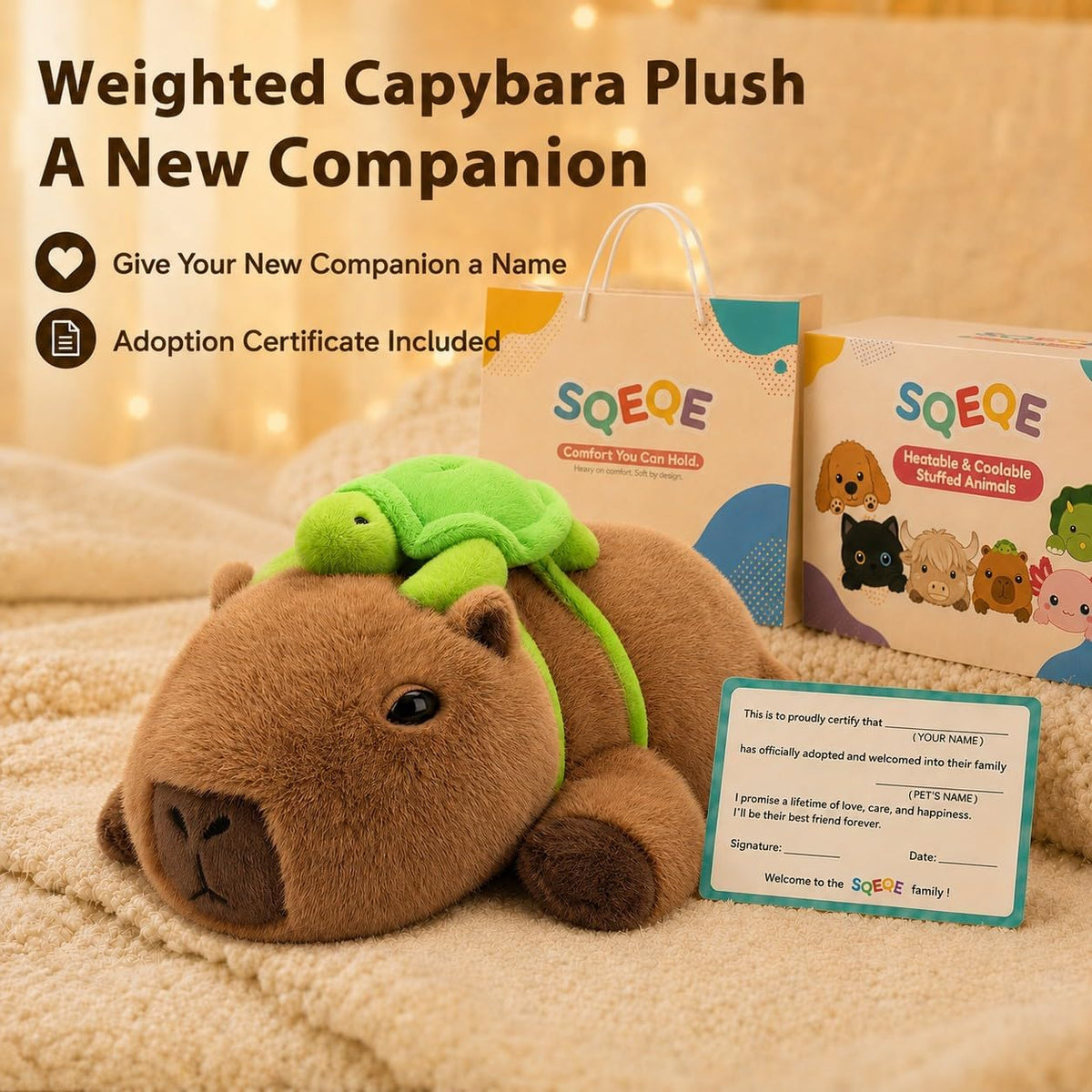 SQEQE Capybara weighted stuffed animal - gift packaging and adoption certificate
