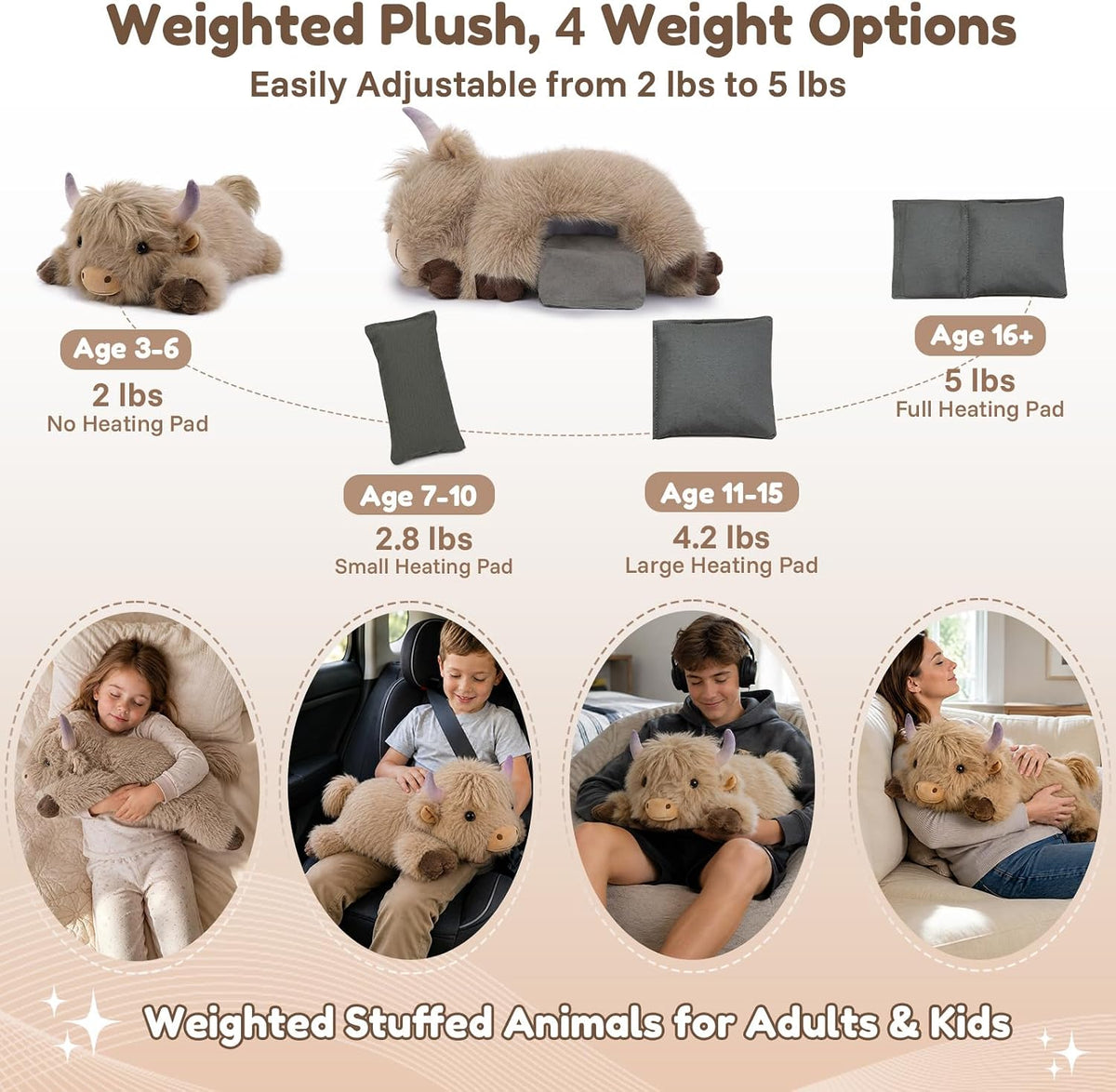 SQEQE Highland Cow weighted stuffed animal - four adjustable weight settings and removable insert