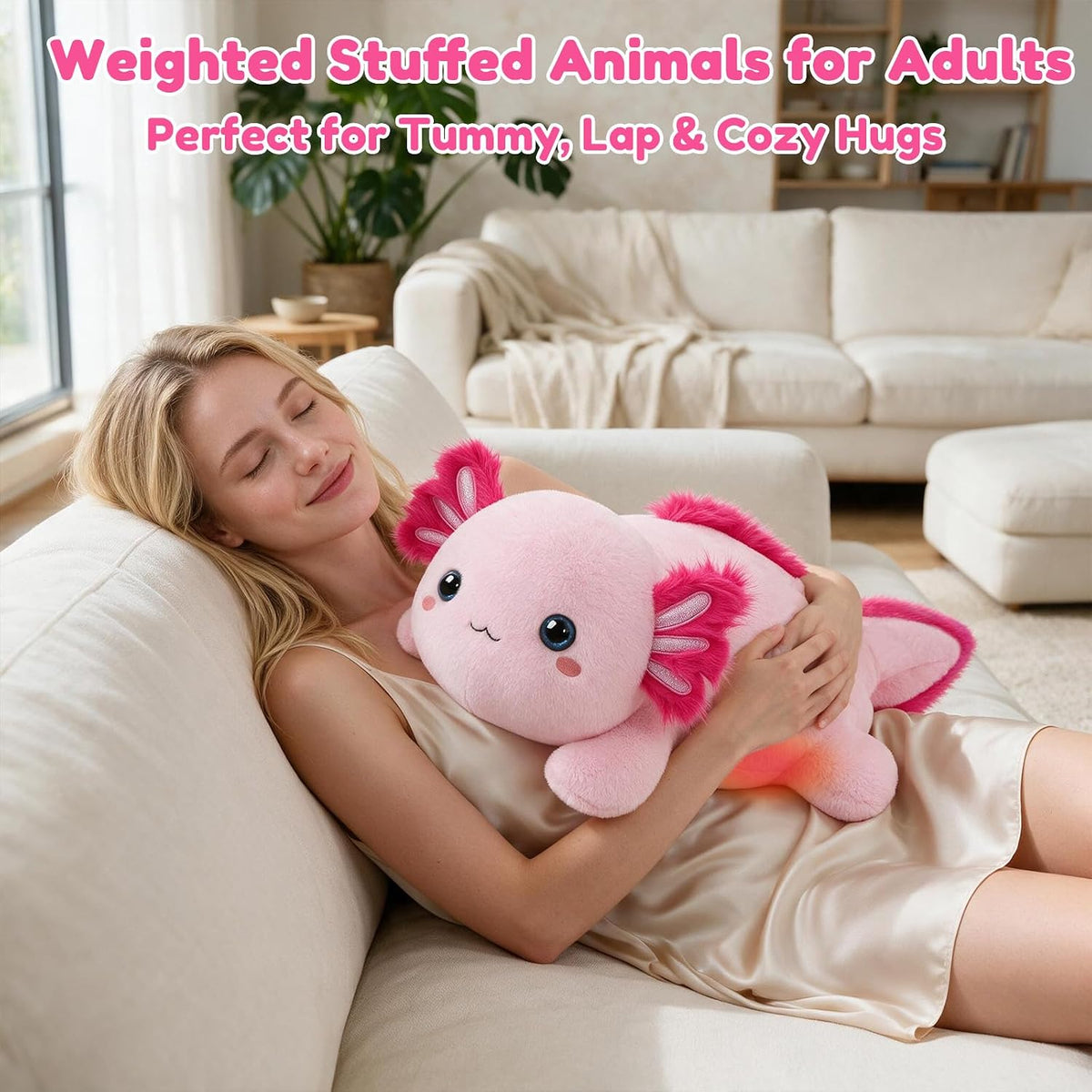SQEQE Axolotl weighted stuffed animal - adult lap and cuddle scene