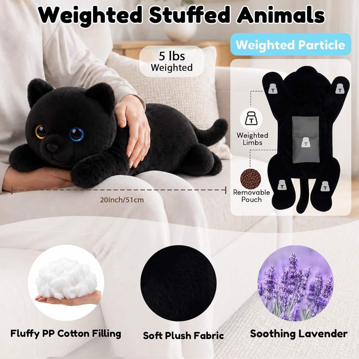 SQEQE Black Cat weighted stuffed animal - 20-inch size, plush fabric, PP cotton filling and removable insert