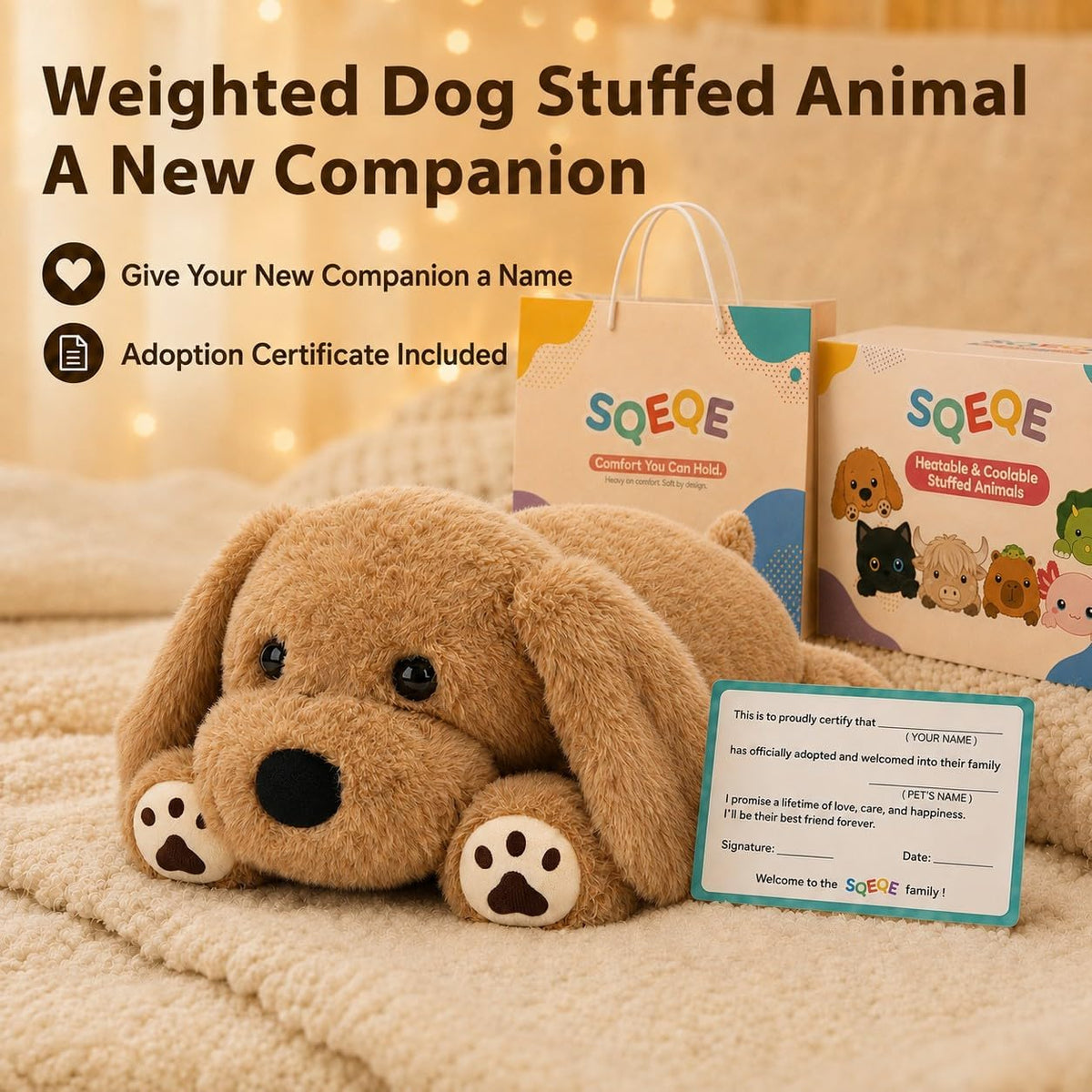 SQEQE Labrador weighted stuffed animal - gift packaging and adoption certificate
