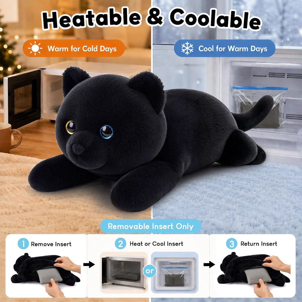 SQEQE Black Cat weighted stuffed animal - removable insert for warming or cooling