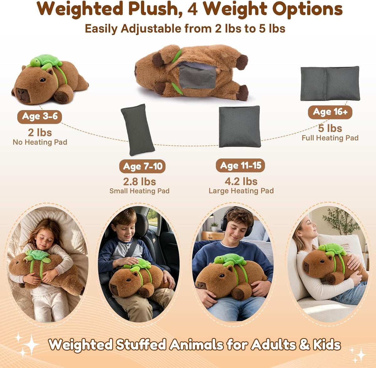 SQEQE Capybara weighted stuffed animal - four adjustable weight settings and removable insert