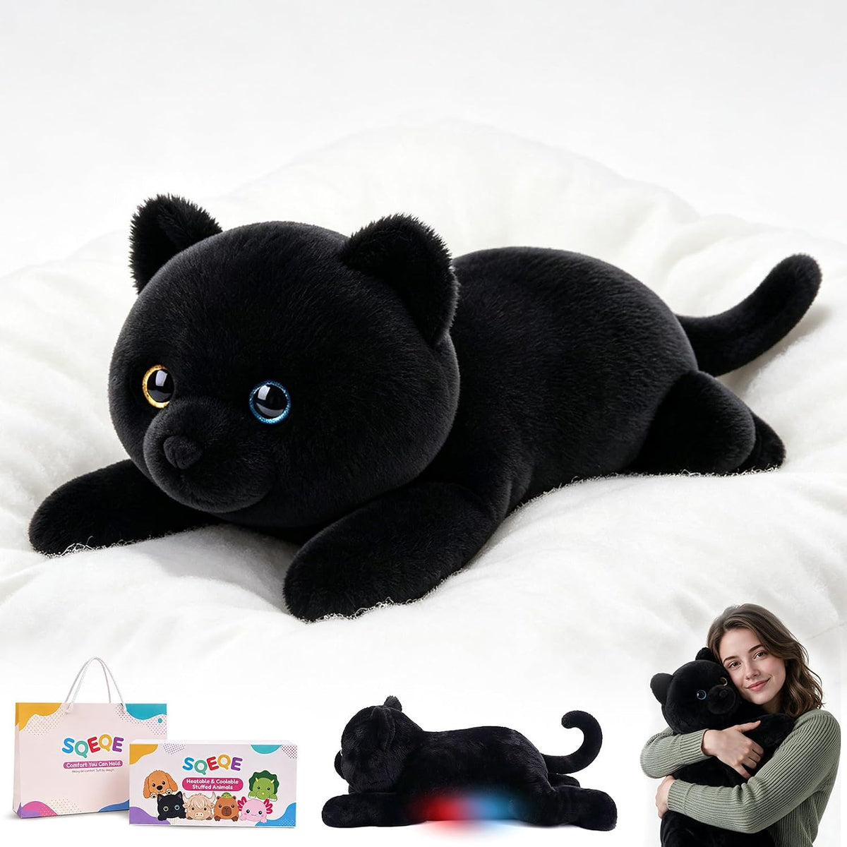 SQEQE Black Cat weighted stuffed animal - main product image with gift packaging
