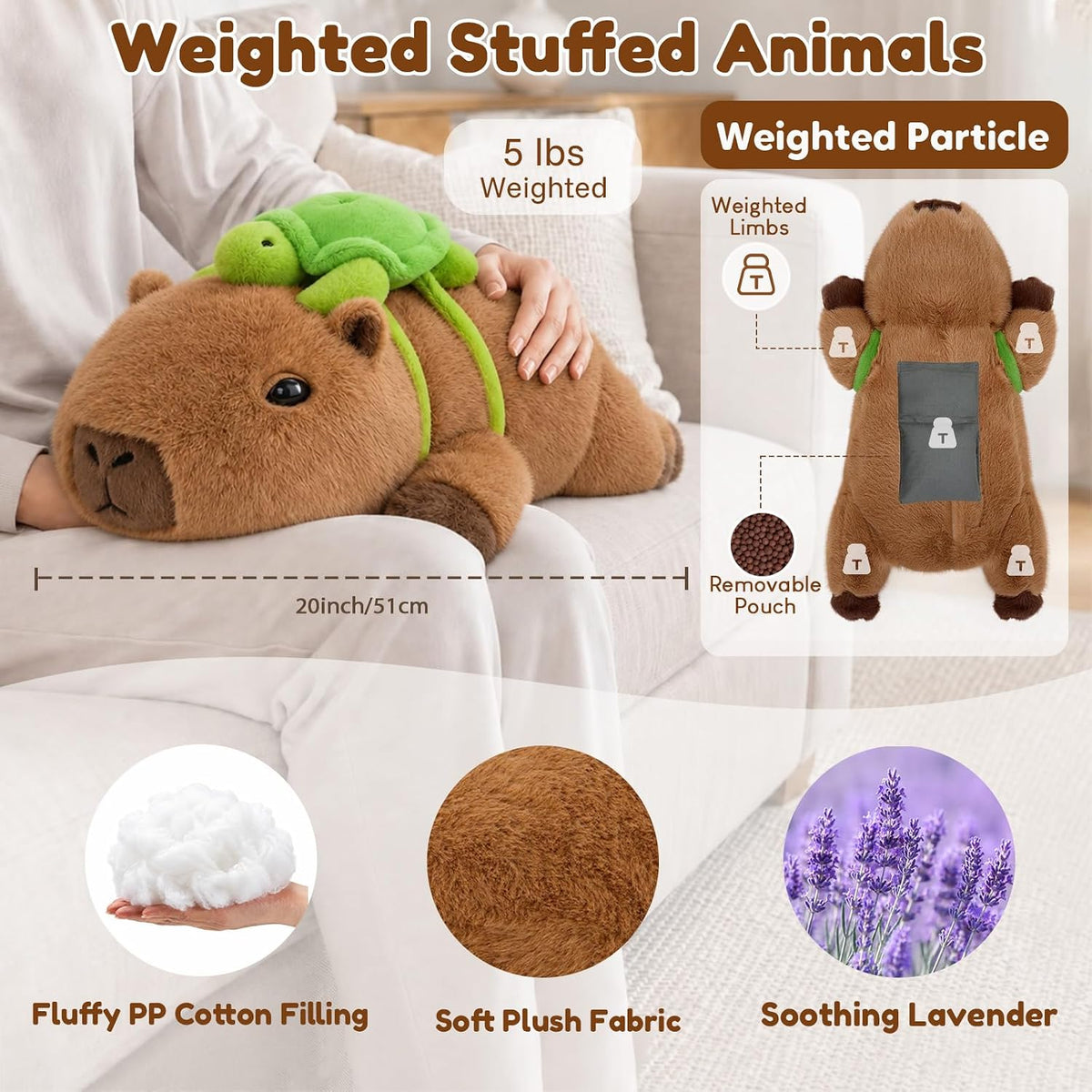 SQEQE Capybara weighted stuffed animal - 20-inch size, plush fabric, PP cotton filling and removable insert