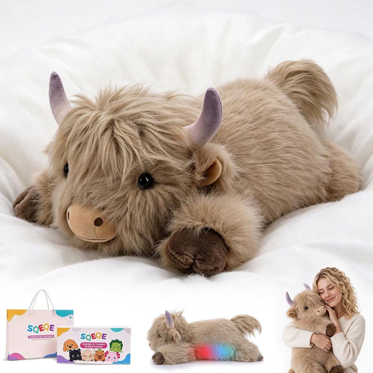 SQEQE Highland Cow weighted stuffed animal - main product image with gift packaging