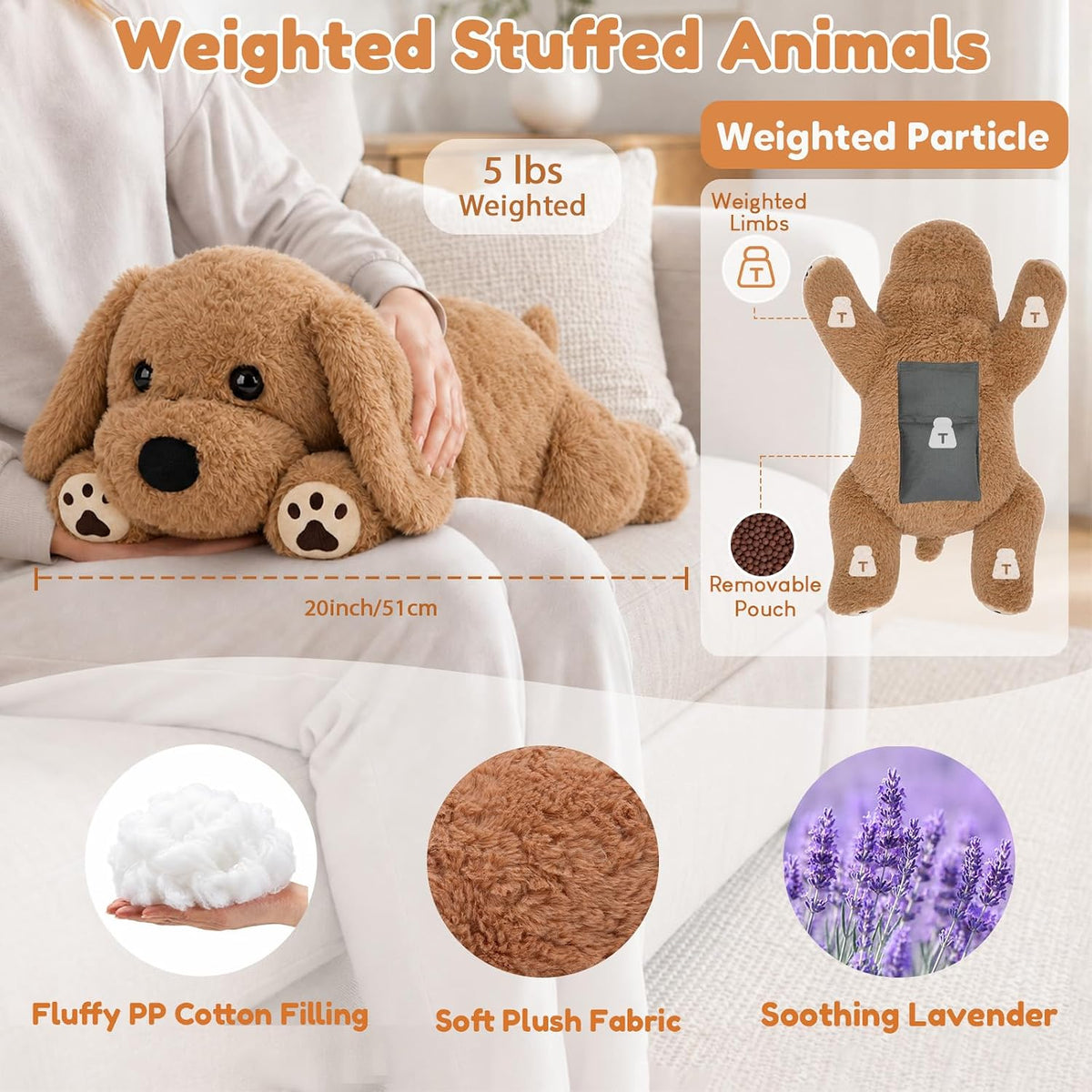 SQEQE Labrador weighted stuffed animal - 20-inch size, plush fabric, PP cotton filling and removable insert