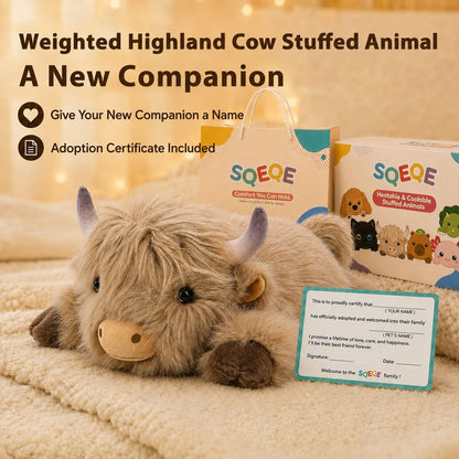 SQEQE Highland Cow weighted stuffed animal - gift packaging and adoption certificate