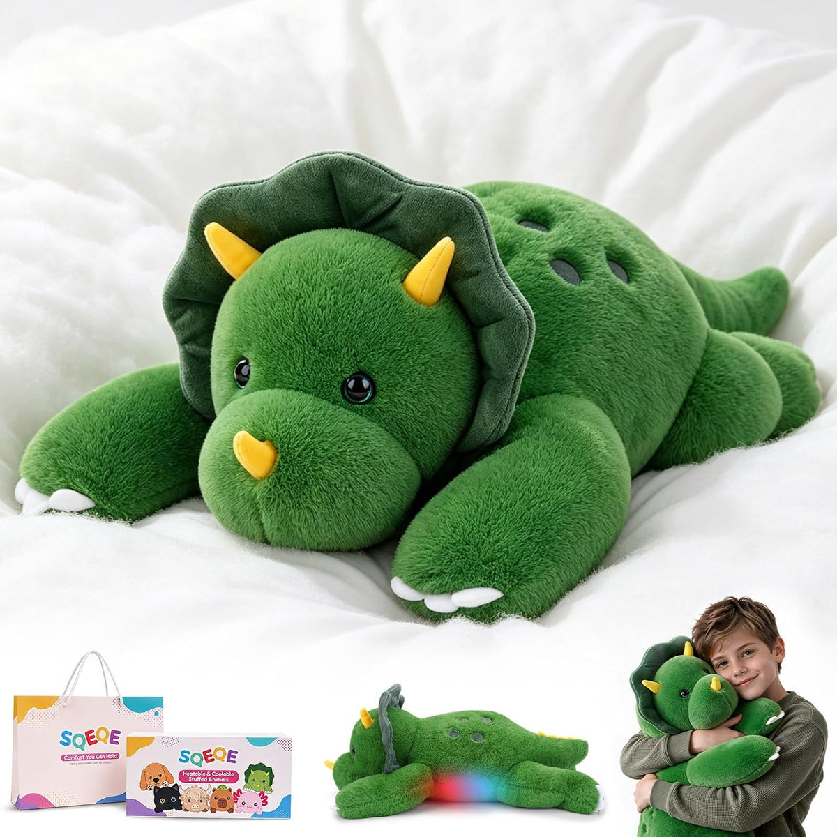 SQEQE Triceratops weighted stuffed animal - main product image with gift packaging