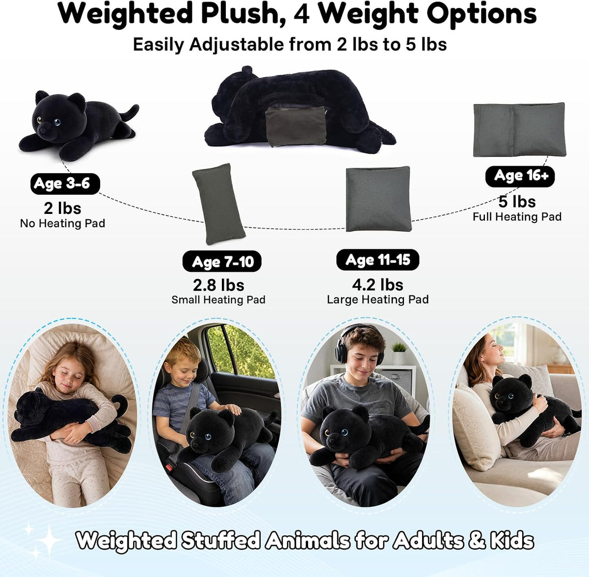 SQEQE Black Cat weighted stuffed animal - four adjustable weight settings and removable insert