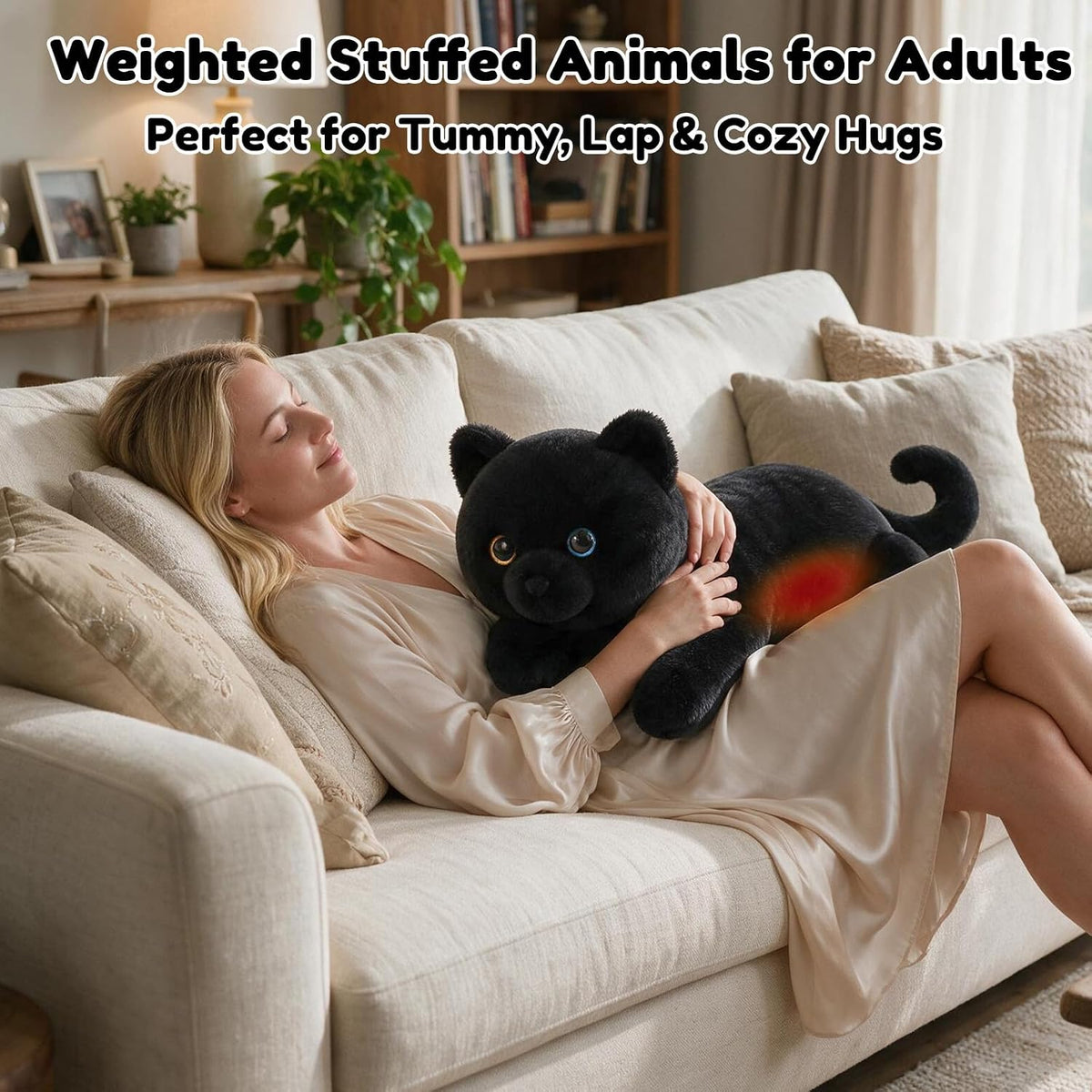 SQEQE Black Cat weighted stuffed animal - adult lap and cuddle scene