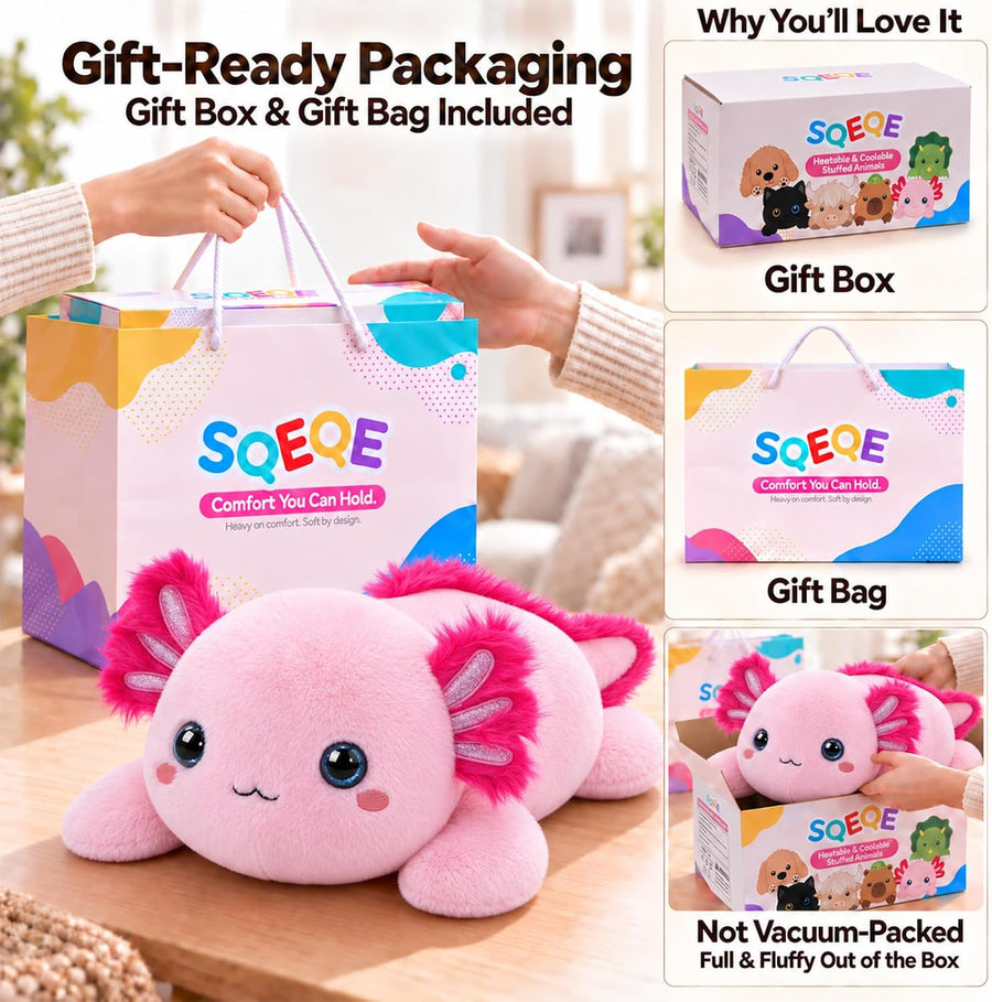 SQEQE Axolotl weighted stuffed animal - gift box and gift bag packaging