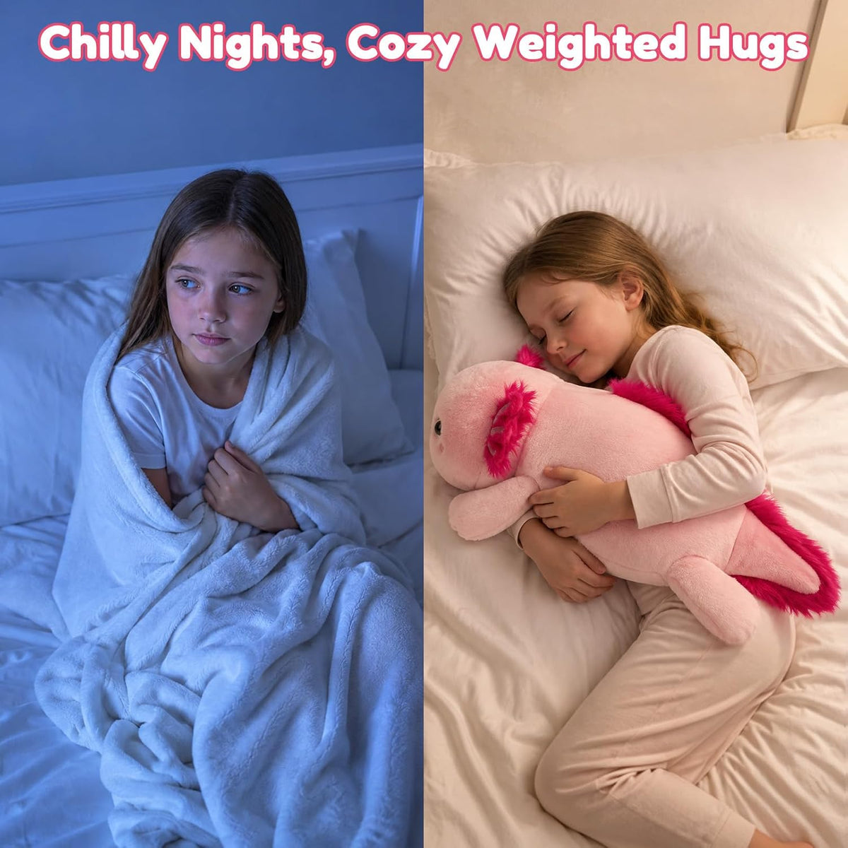 SQEQE Axolotl weighted stuffed animal - nighttime cuddling scene