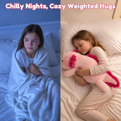 SQEQE Axolotl weighted stuffed animal - nighttime cuddling scene