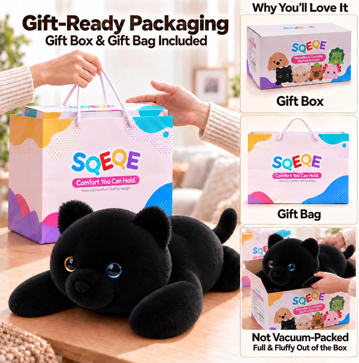 SQEQE Black Cat weighted stuffed animal - gift box and gift bag packaging