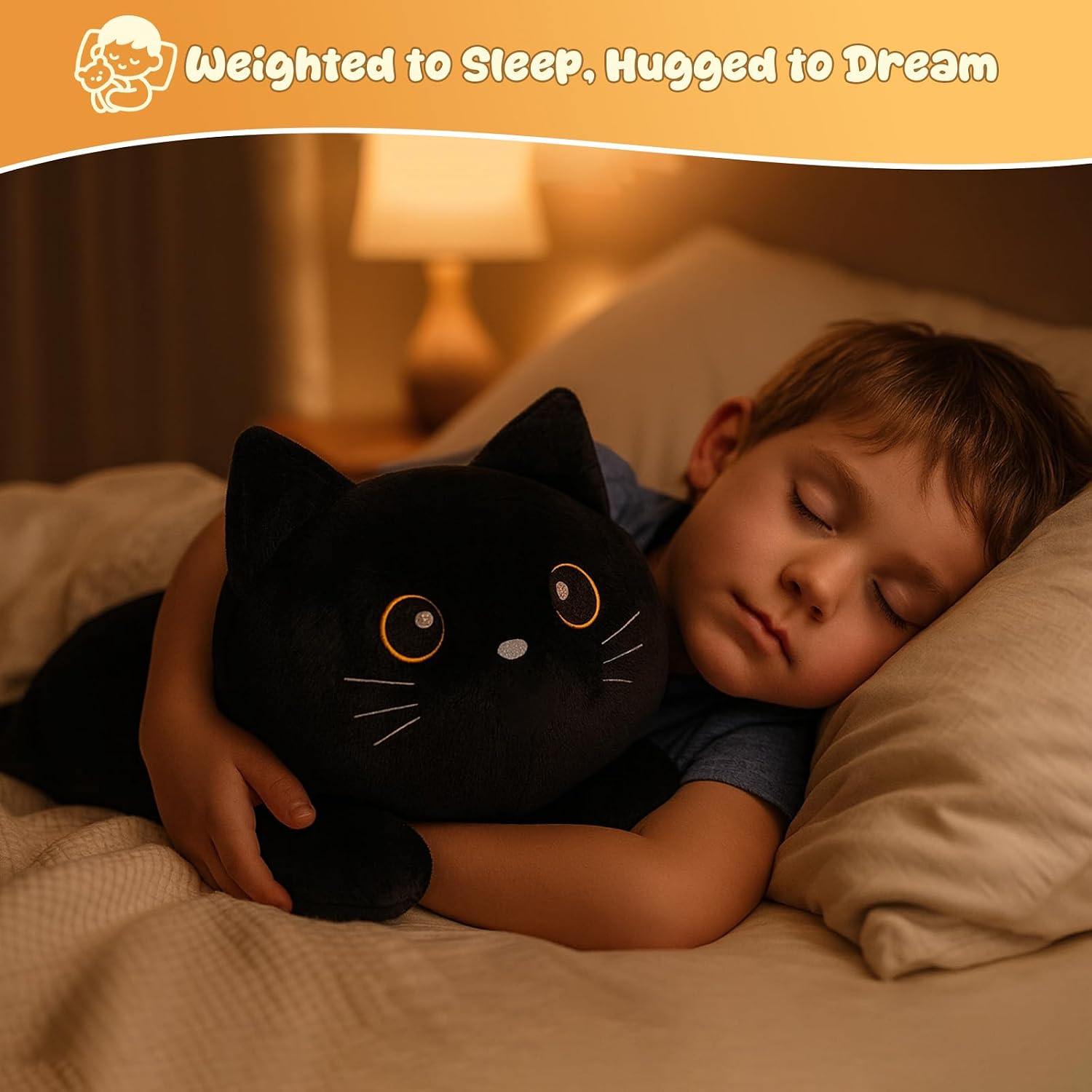 SQEQE weighted cat stuffed animal hugged by a child during sleep