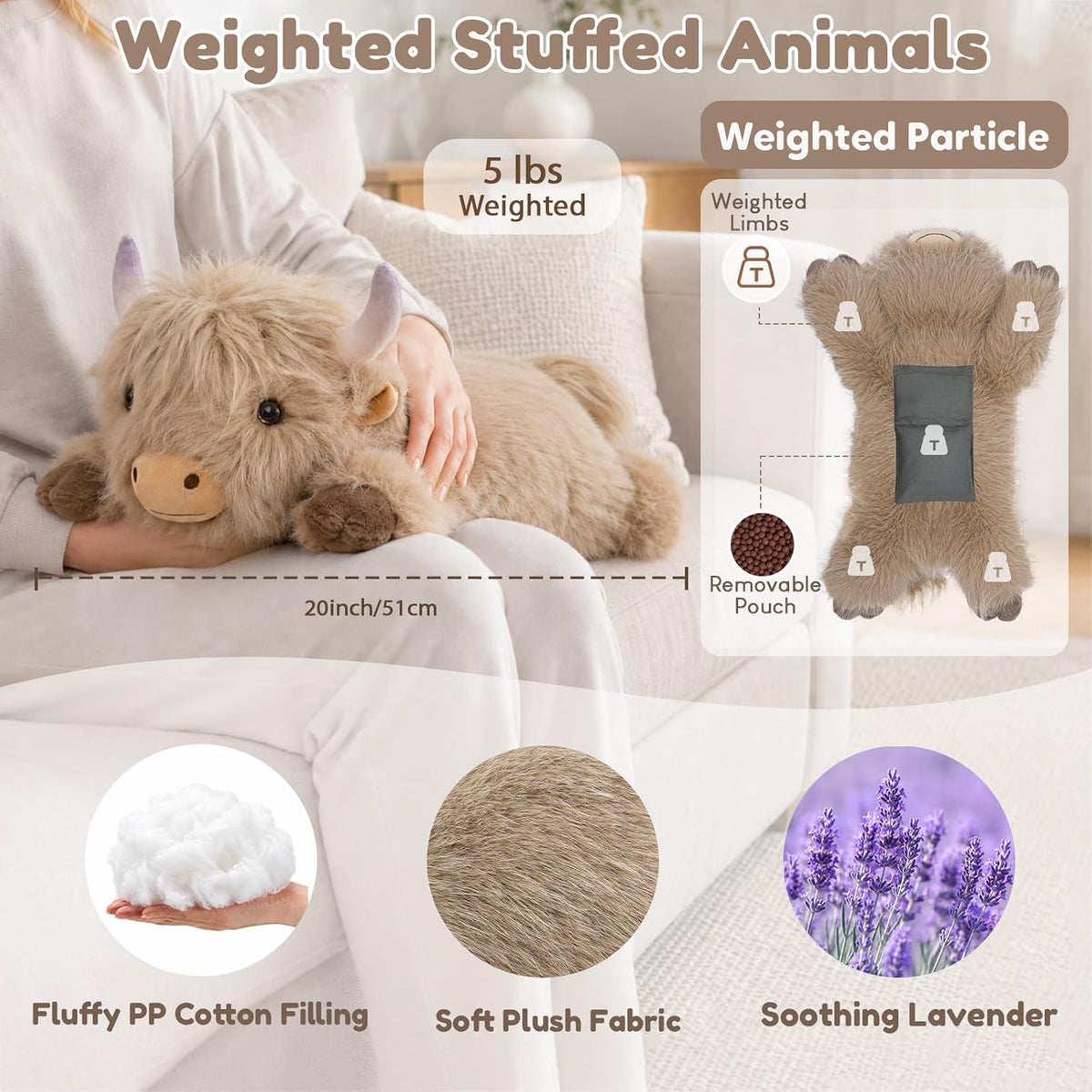 SQEQE Highland Cow weighted stuffed animal - 20-inch size, plush fabric, PP cotton filling and removable insert