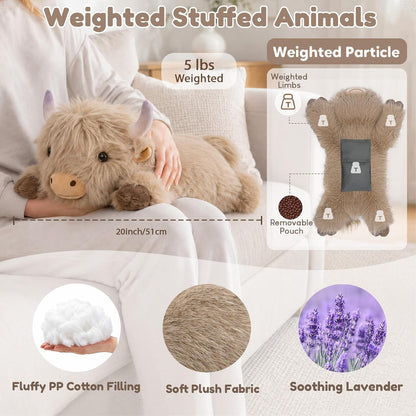 SQEQE Highland Cow weighted stuffed animal - 20-inch size, plush fabric, PP cotton filling and removable insert