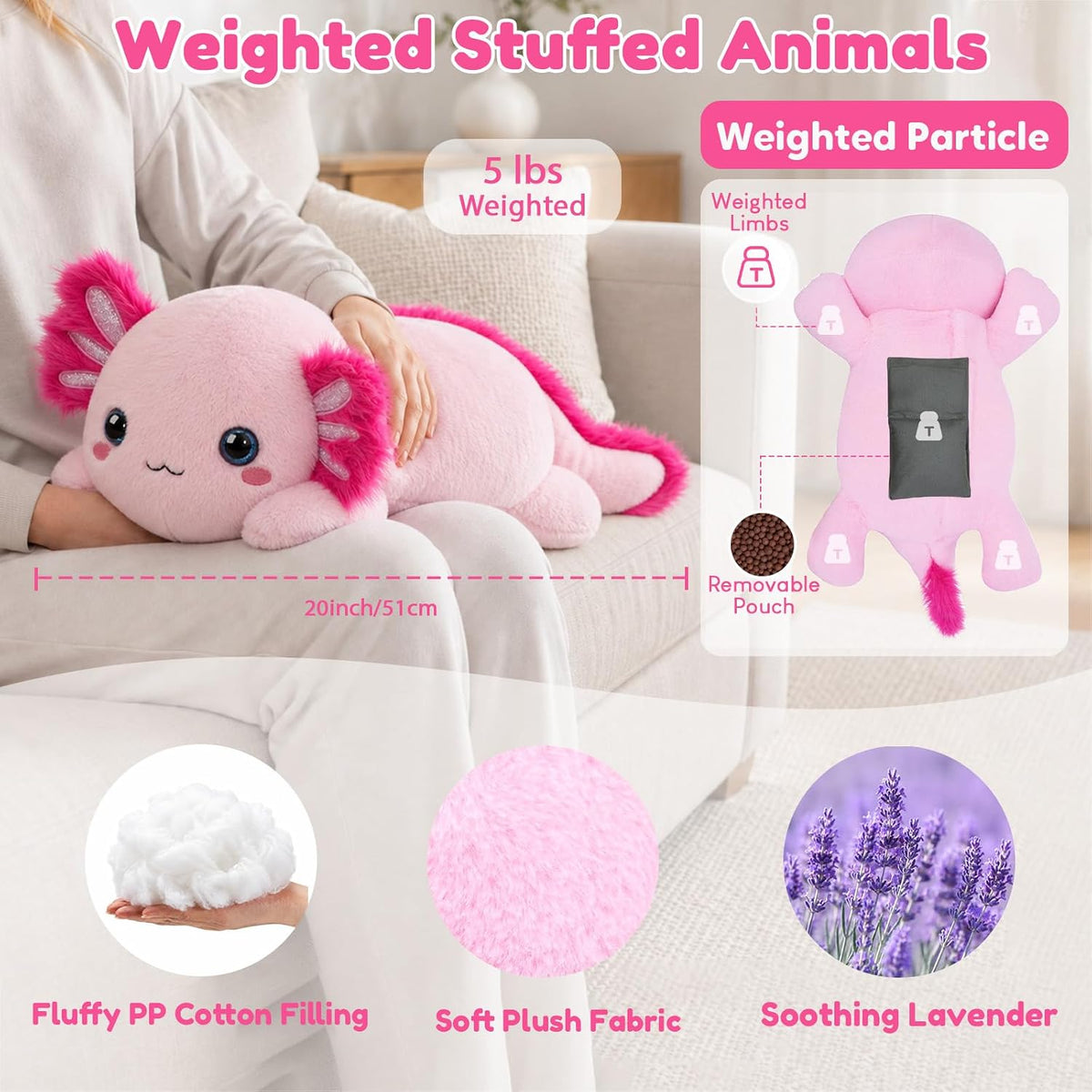 SQEQE Axolotl weighted stuffed animal - 20-inch size, plush fabric, PP cotton filling and removable insert