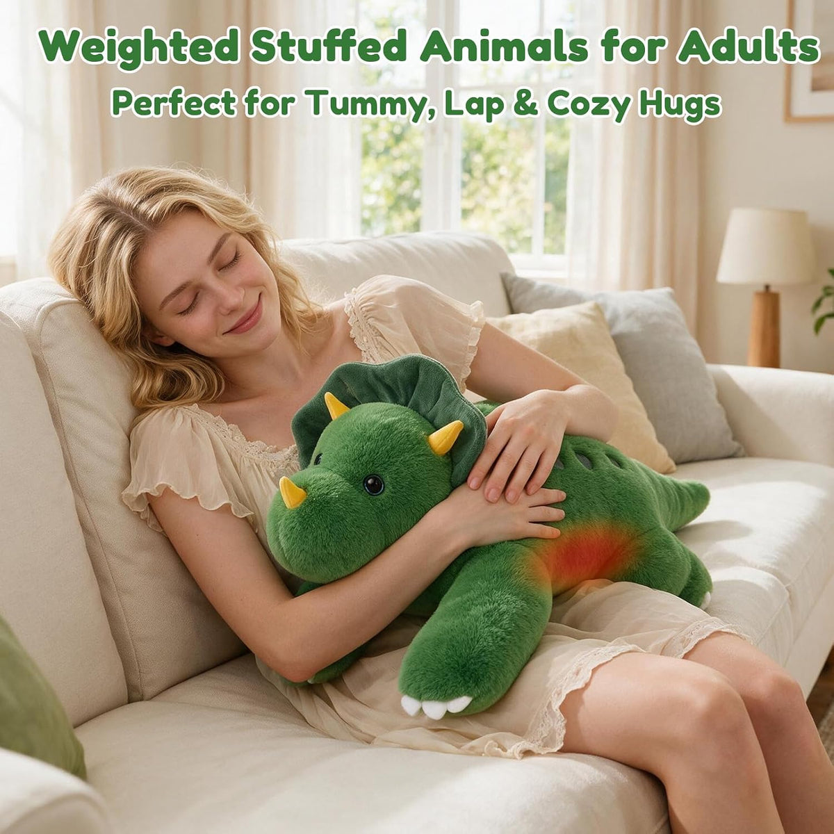 SQEQE Triceratops weighted stuffed animal - adult lap and cuddle scene