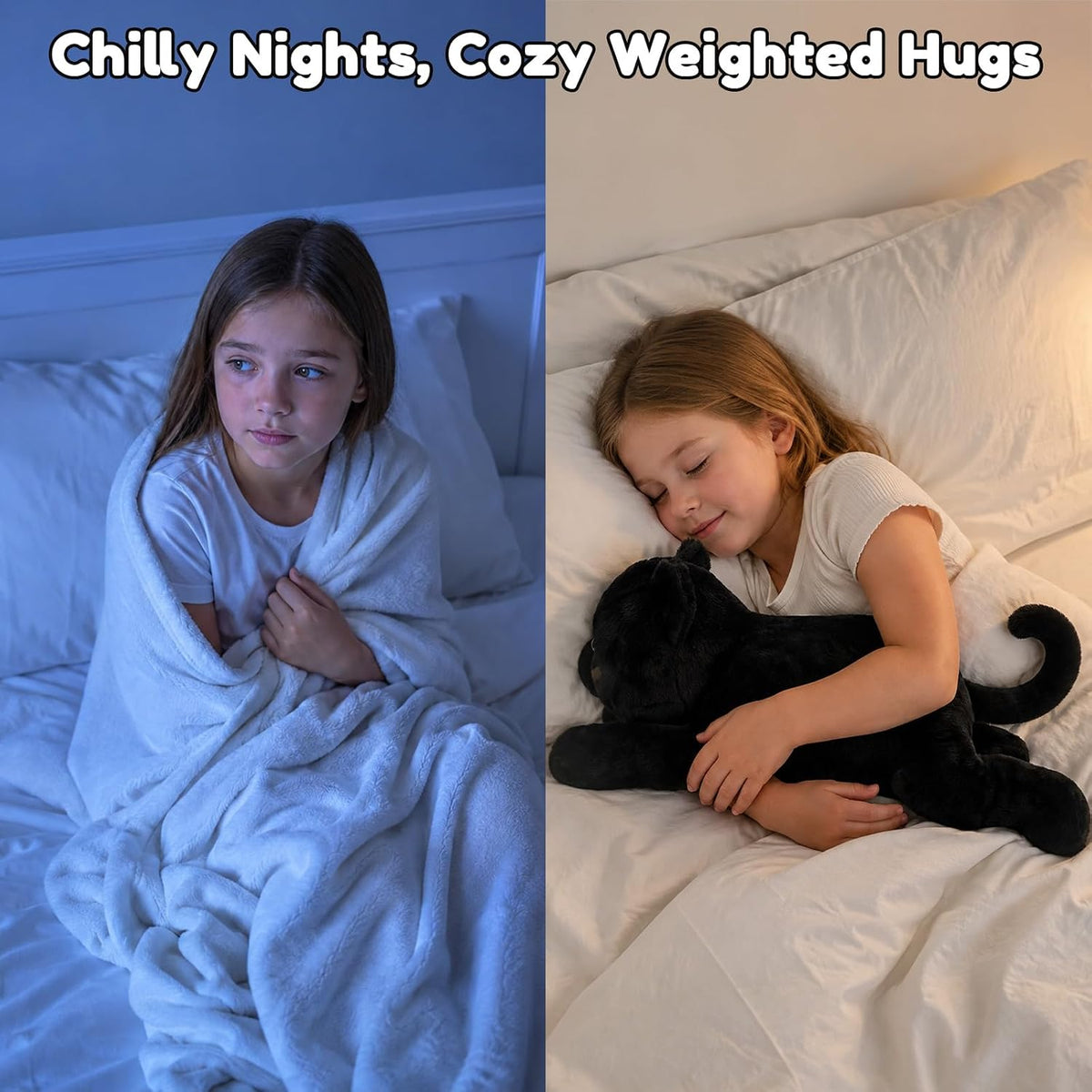 SQEQE Black Cat weighted stuffed animal - nighttime cuddling scene