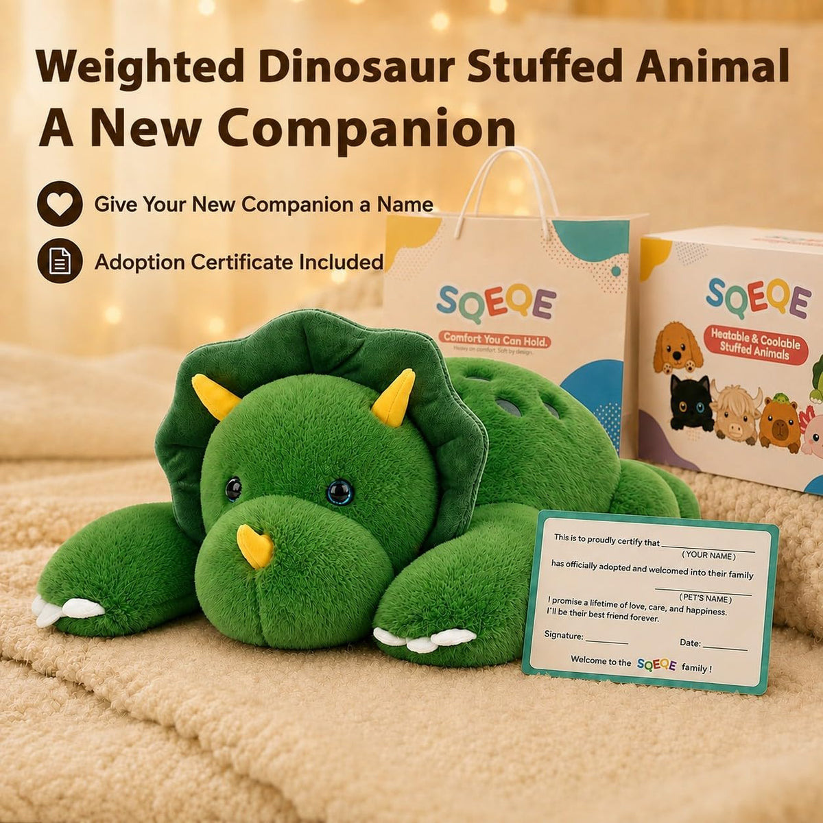 SQEQE Triceratops weighted stuffed animal - gift packaging and adoption certificate
