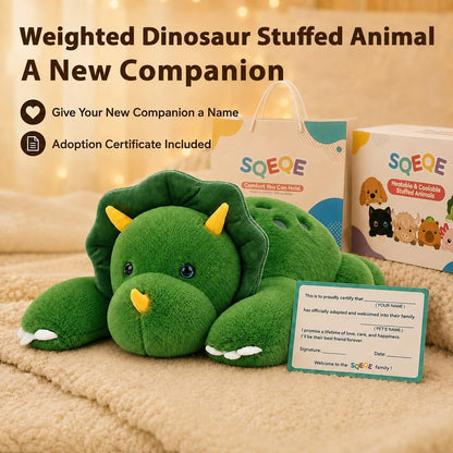 SQEQE Triceratops weighted stuffed animal - gift packaging and adoption certificate