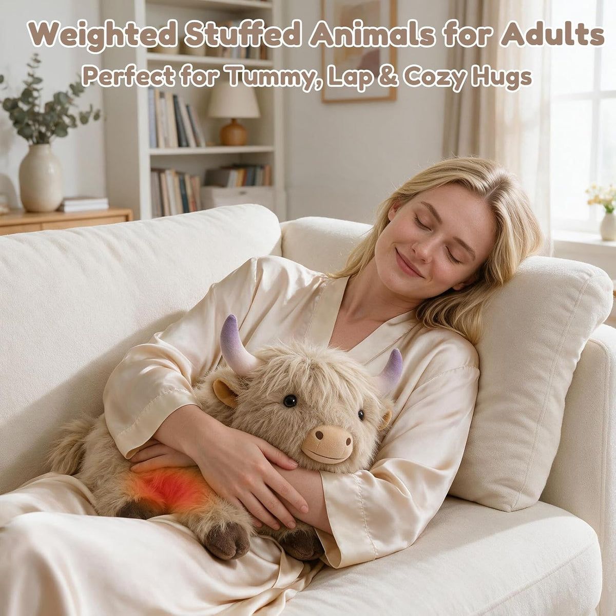 SQEQE Highland Cow weighted stuffed animal - adult lap and cuddle scene