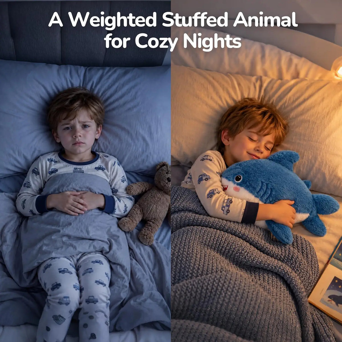 SQEQE Shark Weighted Stuffed Animal — evening cuddle scene