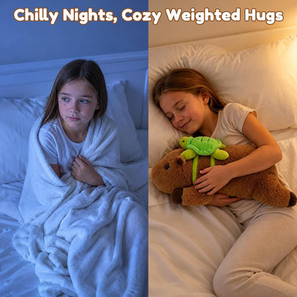 SQEQE Capybara weighted stuffed animal - nighttime cuddling scene