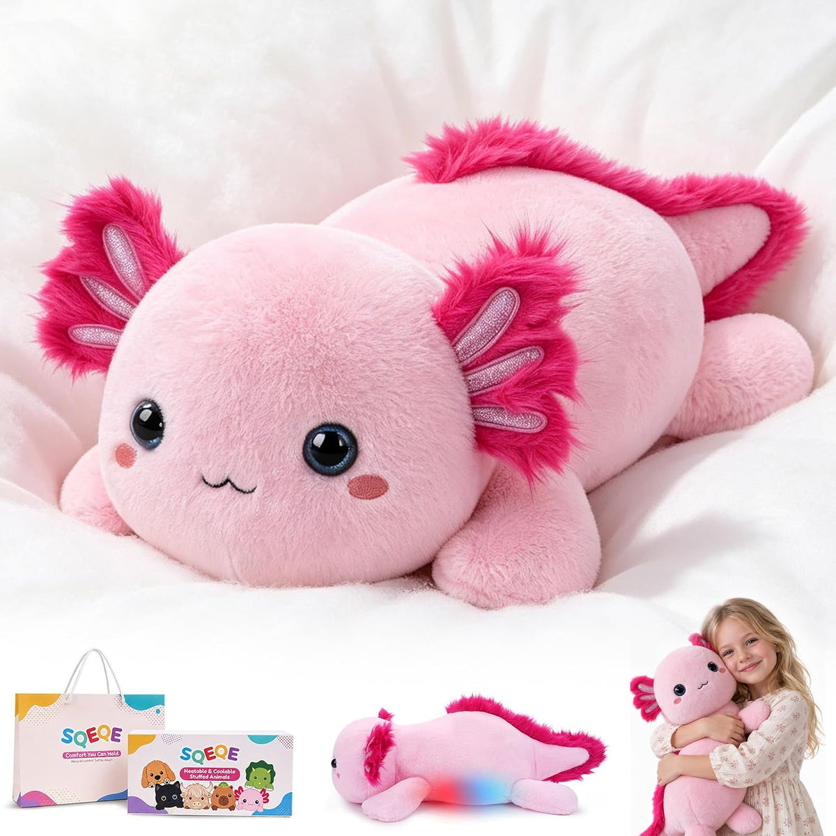 SQEQE Axolotl weighted stuffed animal - main product image with gift packaging