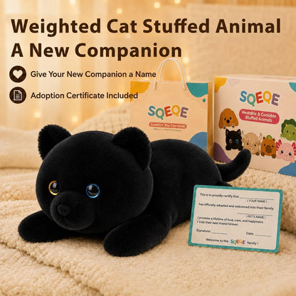 SQEQE Black Cat weighted stuffed animal - gift packaging and adoption certificate