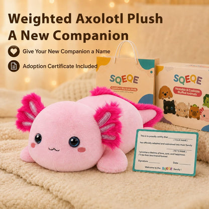 SQEQE Axolotl weighted stuffed animal - gift packaging and adoption certificate