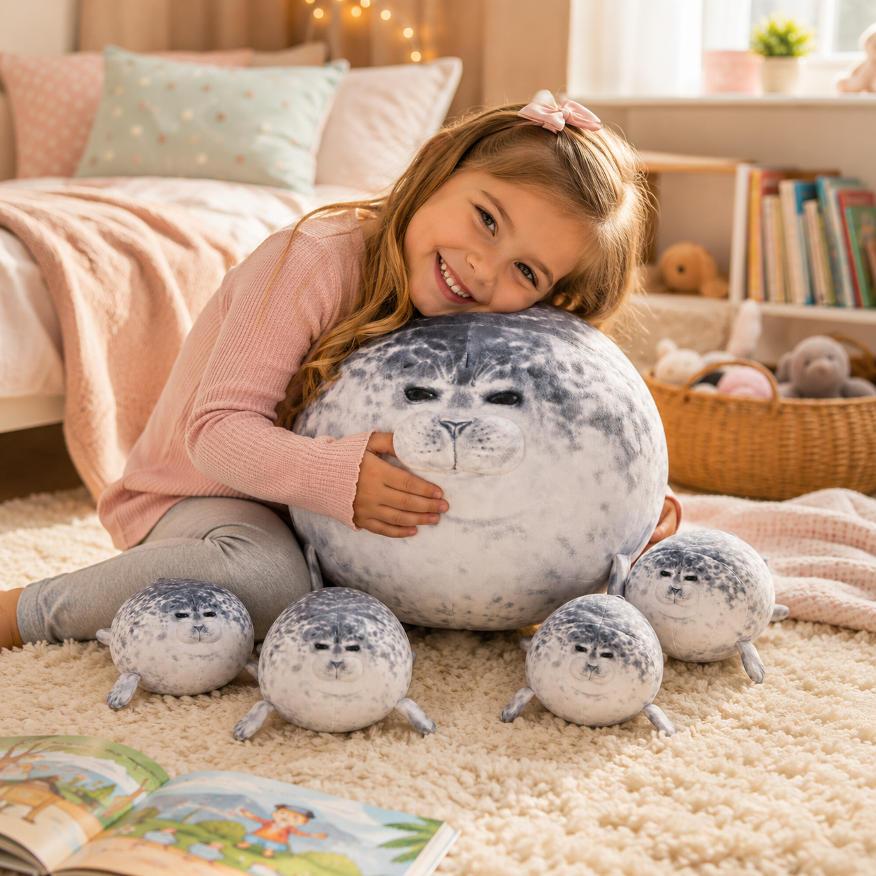 SQEQE seal stuffed animal with babies hugged by a child with four baby seal plush toys nearby
